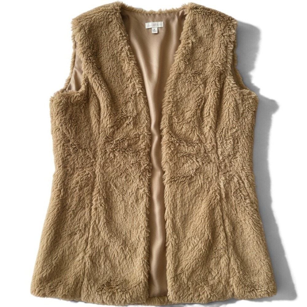 Charming Charlie Womens Small Faux Fur Vest Brown Tan Shaggy Open Front Boho